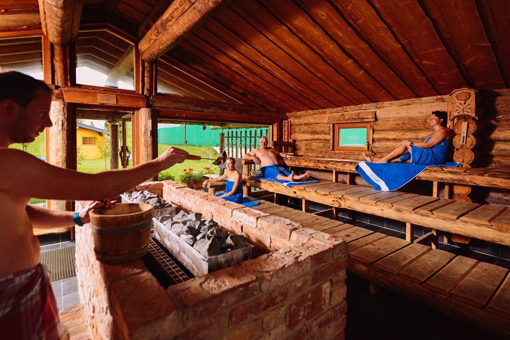 Wooden sauna lodge at Therme Amadé